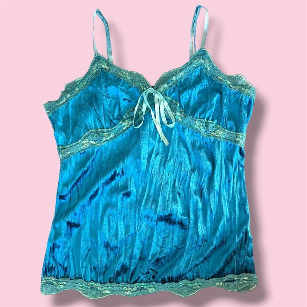 Mermaidcore teal and turquoise cami top with lace trim and tie front detail